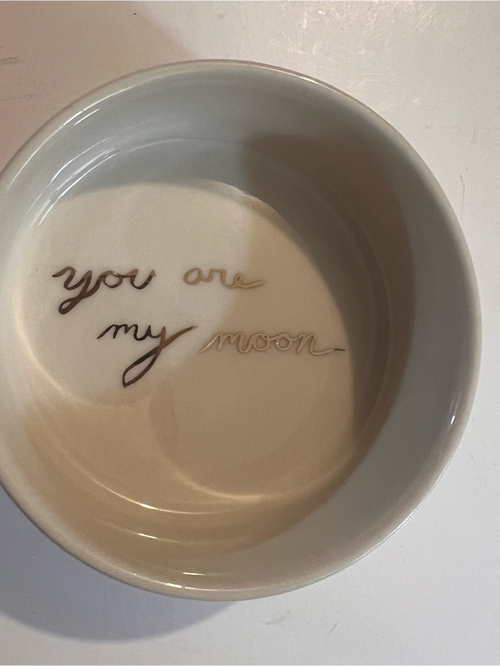 Anthropologie Cream Ceramic Trinket Dish with Gold Script